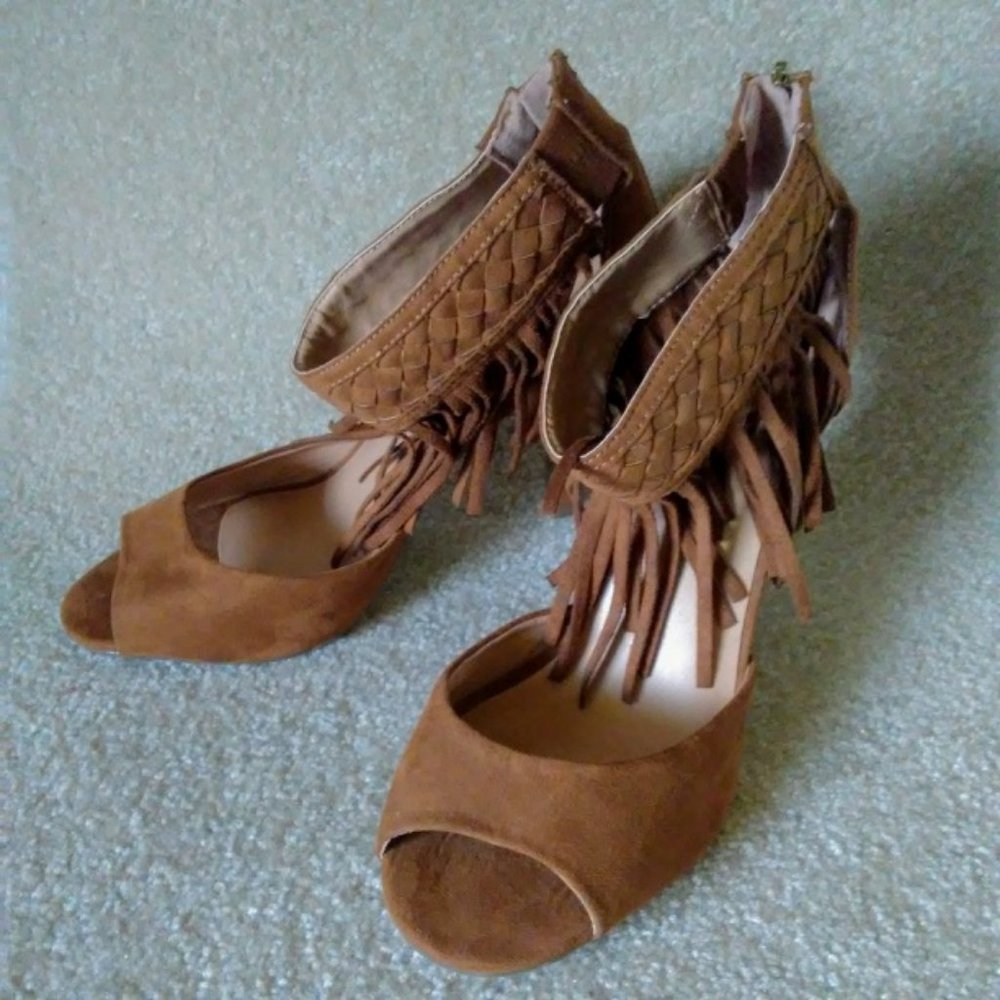 Lane Bryant Cognac Suede Fringe  Ankle Heels - Picture 3 of 9